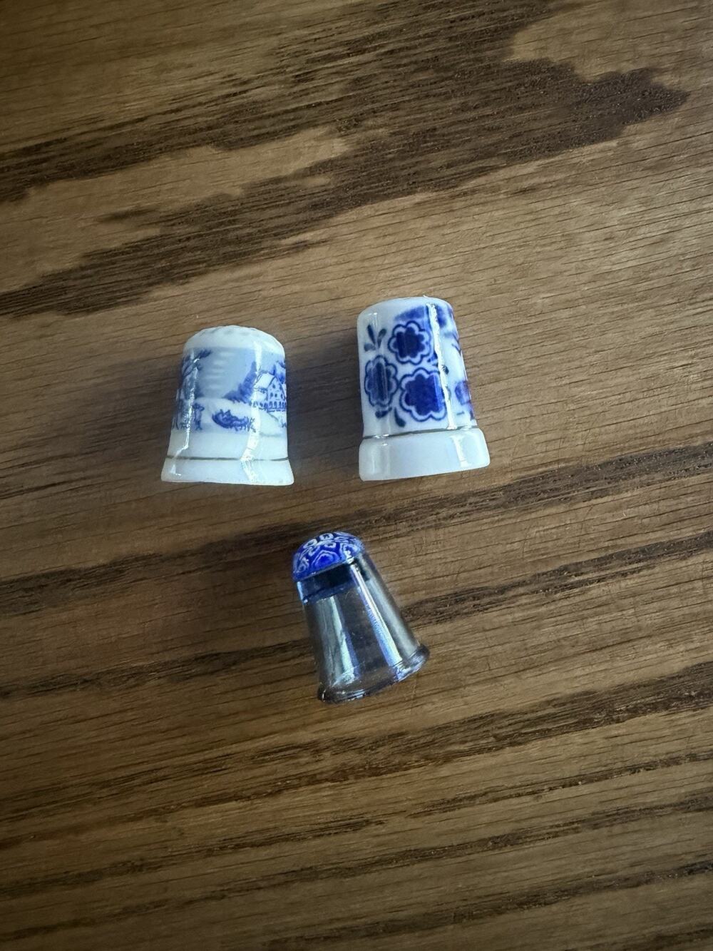 Vintage Caithness Millefiori Thimble Porcelain Delft Blue Windmill Thimble Lot